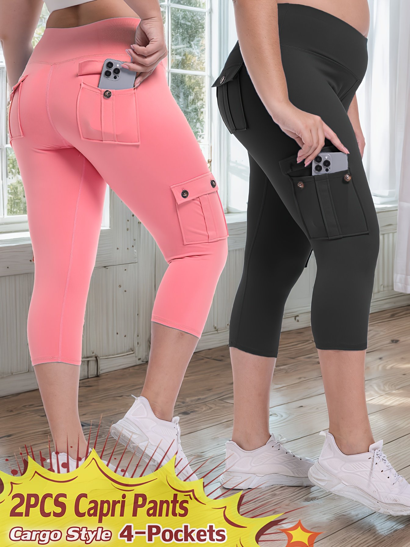 e8bba97a-ef85-4c83-8625-3704fcaee048-1.jpg 2pcs High Waist Yoga Capri Pants Set, 4-Way Stretch Butt Lifting Tummy Control, 4 Button Pockets, Spandex Material, Solid Color, Three-Quarter Length, Sports Style for Workout Running, Spring/Summer Collection, JEGGE Brand, Workout Leggings | Highwaist Pants | Stretchy Fabric, Yoga Pants - Image 1