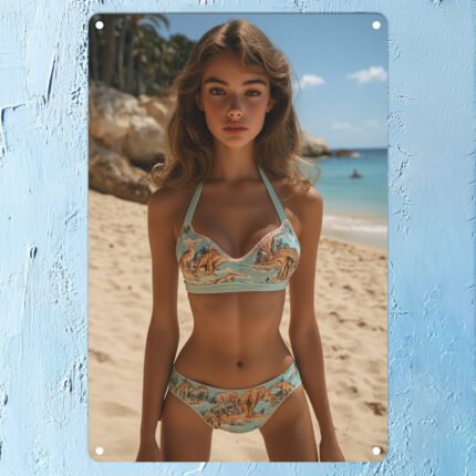 Prehistoric Chic, Vintage Dinosaur Aluminum Wall Art - Square Vertical Poster with Bikini Model & Classic Charm, Perfect for Home or Office Decor