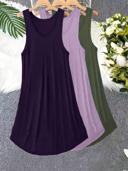 3pcs Plus Size Basic Casual Dress Set, Spring/Summer Four Seasons Women's Oversized Solid Color Round Neck Tank Sleepwear