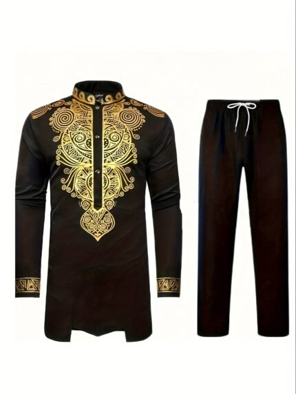 Men's suit set - Men's suit set with Golden foil top and long pants, 2pcs set
