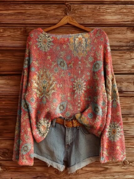 Autumn and winter retro colorful floral pattern Women's sweater, lazy and relaxed, casual and fashionable