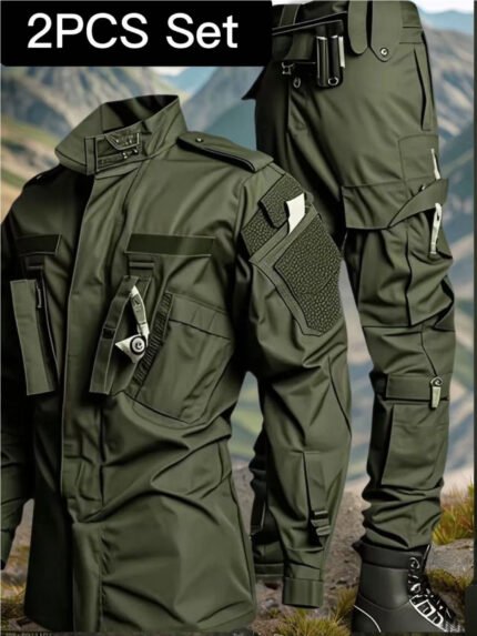 Men'S Workwear 2pcs Training Set Heavy Duty Outdoor Shirt with Stand Collar and Multiple Practical Pockets Durable Fabric Suitable for Hunting Gym Camping All-in-One Modular Gear Non-Stretch Fabric Structure