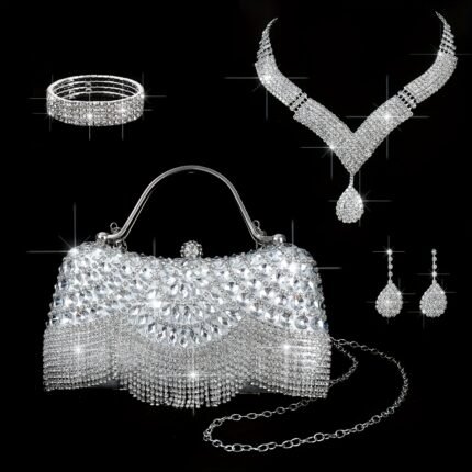 This 4pcs Set Is Suitable For Parties, Weddings, Dances And Vacations. It Features A Luxurious Water Brick Evening Dress, A Hand-held Crossbody Lady'S Dinner Bag, Paired With A Noble, Elegant And Shiny Necklace, Earrings, Bracelet And Ring