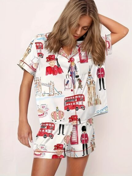 Casual Watercolor Painting Print Pajama Set, Short Sleeve Buttons Lapel Top & Shorts, Women's Sleepwear & Loungewear