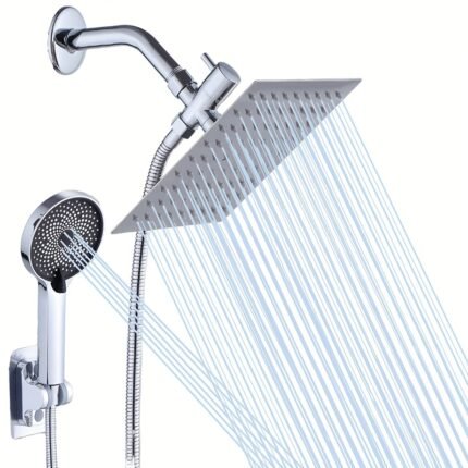 Stainless Steel 8 Inch/10 Inch Square Top Sprayer Shower Set Combo Adjustable Shower Head, 3-function Handheld Shower with 6 Inch Shower Arm, with Holder