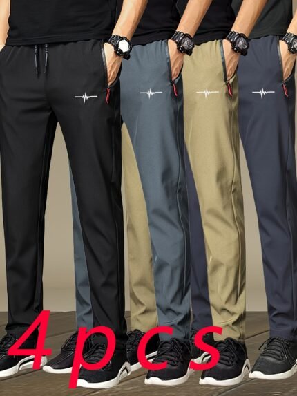 4pcs Men's Casual Pants - Summer Athletic Zipper Pockets, Printed Design, Regular Fit for Hiking Running Outdoor Activities, Machine Washable, 4 Colors (Black/Grey/Beige/Blue) - Ideal Men's Gift