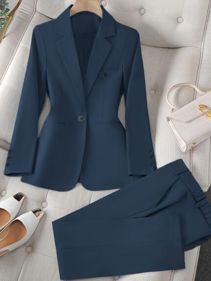 Women's Casual Two-Piece Set, Fashionable Business Style, Solid Color Long Sleeve Blazer And Pants, Polyester, Button-Up, Regular Fit, with Weekend Casual Wear