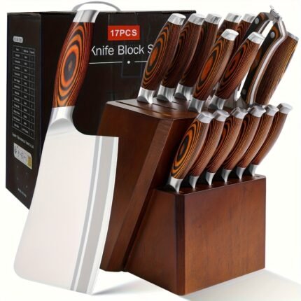 17/6 Professional Chef Knife Holder - German Stainless Steel, Full Handle Design, Including Knife Rack, Scissors And Sharpener - Rust-proof Kitchen Essential Dishwasher Safe Kitchen Knives, Black, Elegant Box