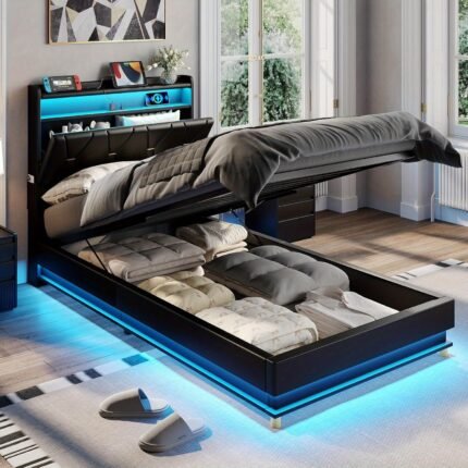 Fameill Modern Lift Up Storage Bed Frame with Charging Station (USB/Outlet), Underbed Storage Platform Bed, Noise-Free Heavy-Duty Hardwood/Metal Frame, No Box Spring Needed, Modern Upholstered Bed Frame for Small Spaces - Easy Assembly, Black, Spacesaving Furniture, Sleek Bedroom Furniture, Durable Hardwood Construction, Urban Dwellers