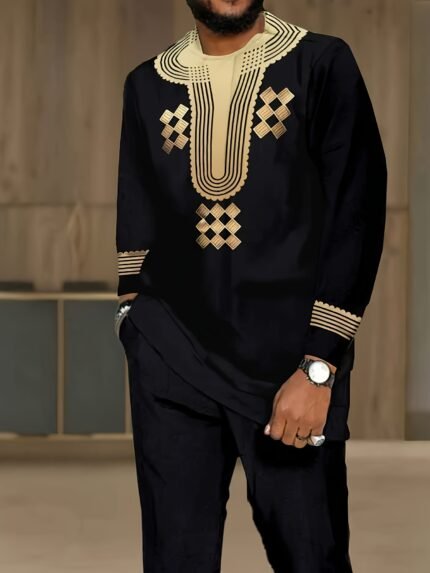 New products in 2025, a two-piece set for men consisting of a long-sleeved T-shirt and long pants in ethnic style. The classic black and Golden color combination and artistic and fashionable design make it suitable for daily outings and casual wear.