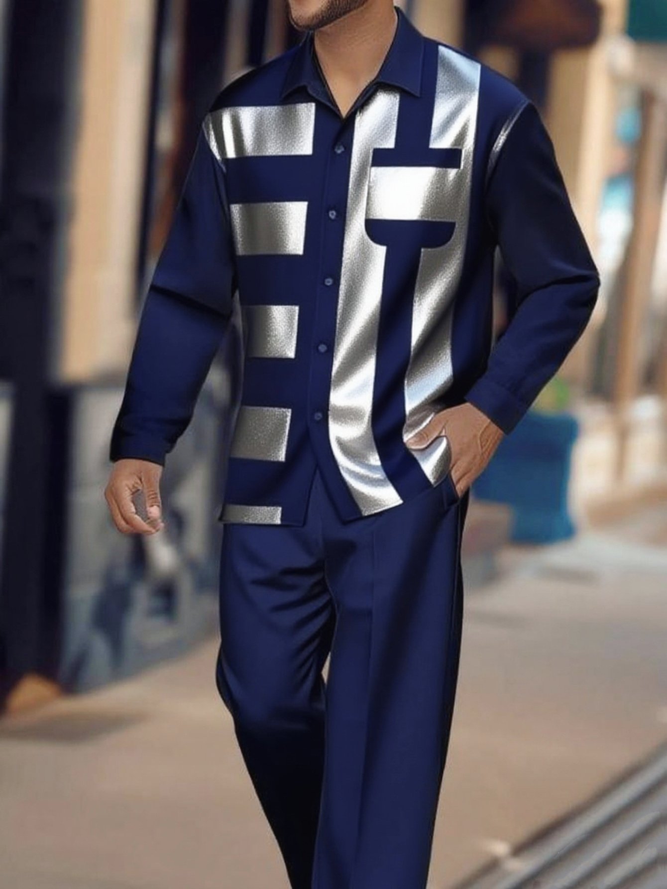 ec3db89a349a405d883359d1df6e7916-goods.jpeg 2pcs European And American Men'S Long-Sleeved Shirt And Trouser Suit, Navy Blue Suit, Silvery Glossy Geometric Splicing, Highlighting Masculinity, Comfortable And Drape, Light Beige-Friendly And Comfortable Material, Suitable for Daily Work, Shopping, Fri, day Wear, Breathable And Comfortable to Wear in All Seasons, Christmas Tree Green Patterned Shirt, Back-To-School Season Men'S Gifts Are Essential for Anniversaries, Men Set Outfit - Image 1