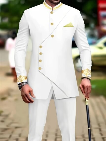 Men's Casual Long-sleeved Two-piece Suit, Mid-length Top And Trousers, Daily Casual Attire, Casual Office Wear, Two Piece Suit Men, Mid-Length Top Trousers, Solid Color Suit, Button Detail Clothing, Structured Tailoring, Machine Washable Suit, Usage Scenario/O, Office Professionals Men