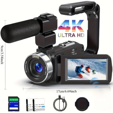 DINGETU 4K Camcorder Video Camera Ultra HD 80MP Vlogging Camera for YouTube 18X Digital Zoom Recorder IR Night Version 3.0" IPS HD Screen with Handheld Stabilizer, Microphone, 32GB SD Card