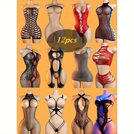 12pcs Cosplay Roleplay Costume Set with Surprise Lingerie - Gothic, Latex, Fishnet & Sheer Outfits with Garter Belts, Thigh-High Boots & Lingerie - 12 Unique Styles for Themed Parties, Role-Play & Night Outfits - Comfortable & Durable Accessories for Adults - Random Surprise Lingerie Included, Perfect for Cosplay Events & Intimate Roleplay