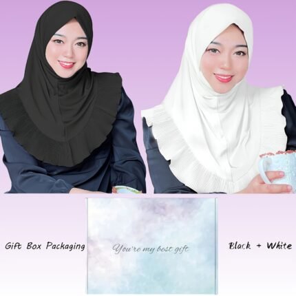 Muslim Hijab Set, Black + White Combo #Fashion Gift Box Packaging - Buttonless Headscarf, Ruffled Malay Scarf, Single-Layer Hat for Women'S Fashion Accessories. Suitable for All Seasons. Can be given as a gift to loved ones, mother, or friends