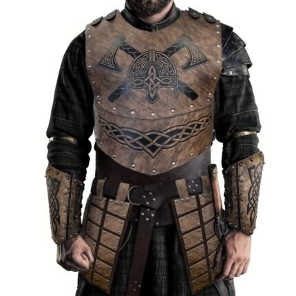 Halloween Viking Embossed Chest Armor with Medieval Thigh Armor and Embossed Arm Bracers, Retro Vintage Faux Leather Barbarian Costume for LARP Ren Faire Halloween