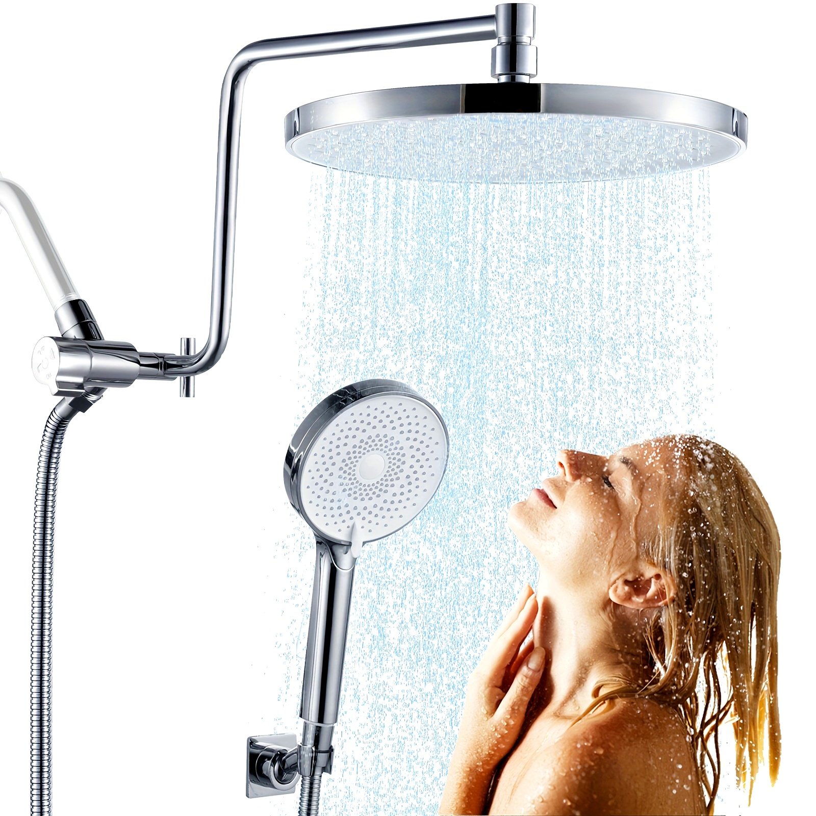 ee04f472d784771090ff5d2c97b2ba1c_O3Wg6cCu95vkg.jpg Shower Combo With Handheld Sprayer, 10-Inch High Pressure Rainfall Shower Head With 3-Mode Hand Shower And 12-Inch Adjustable Extension Arm, 4-Way Shower Toggle Valve, Brass Shower Support, Polished Chrome - Image 1