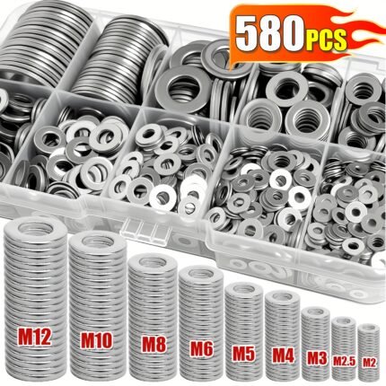 580pcs 304 Stainless Steel Flat Washer Set, Durable Material, Polished Surface, O-Ring Fastener Spacer Set with Storage Box, Includes 9 Common Sizes (M2-M12), Suitable for Outdoor Architecture Home Decor, Factory Maintenance, Kitchen, DIY Projects
