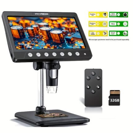 7" HD IPS Coin Microscope with 8 LED Lights, 1200x Magnification, USB & SD Card Support, Ergonomic Stand, Remote Control - for Windows, Coin Collecting, Soldering, DIY Projects, Coin Magnifier, Sleek Design, Durable Construction
