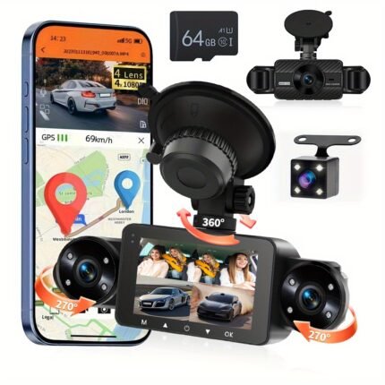 PODOFO Dash Cam Front and Rear Inside, 4 Channel Dash Cam 3" IPS Screen Front and Back with 8 IR Night Vision Lights, Loop Recording, 24 Hours Recording, G-Sensor, Reverse Help + 64G Memory Card, Vehicle Recording System, Driving Recorder, Sleek Recorder, Dual Lens Setup, Durable Construction, Reliable Recording, Multichannel Recorder, Gsensor Protection, Truck Drivers, Securityconscious Users