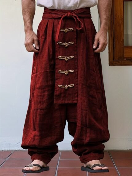 Men'S Vintage Loose Wide Leg Cargo Pants With Pockets - Drawstring Waist, Beachwear And Casual Wear, Beach Pants
