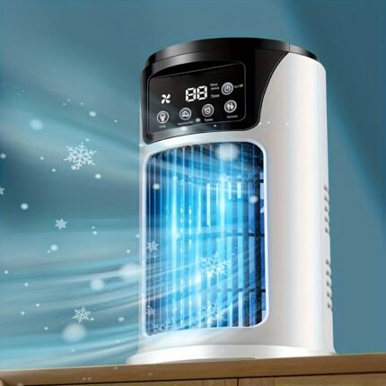 3-in-1 Portable Air Conditioner, Humidifier & Fan with Atmosphere Light - USB-Powered for Indoor/Outdoor Use, Compact Design for Office & Home, Sleek White & Blue, Portable Humidifier Stylish Gadget Durable Plastic, Air Conditioner Portable