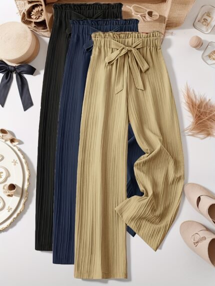 3pcs Women's Elegant Wide-Leg Pants with Bow Detail - Solid Color Loose Fit Trousers in Black, Pink & Beige | Machine Washable Non-Stretch Fabric for All-Season Wear, Cute Pants