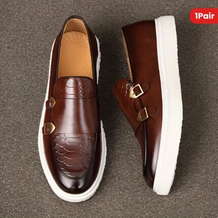 Men'S Slip-on Loafers Business Casual Black& Brown& Golden Carp Scale& Metal Buckle Decoration PU Cushioned Insole Anti-slip Rubber Sole Formal Meeting Shoes Daily Wear Round Toe Cap Suitable for Office/Party/Street Style Comfortable Low-top Lazy Shoes