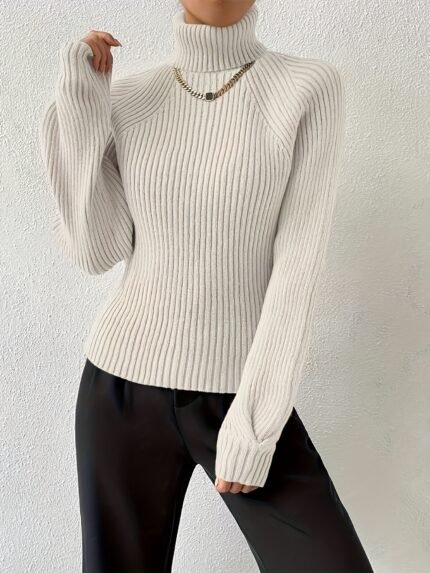 Rib Knit Turtle Neck Sweater - Casual Long Sleeve Sweater For Fall & Winter - Women's Clothing - Soft & Cozy - Perfect for Layering - Ideal Gift for Women