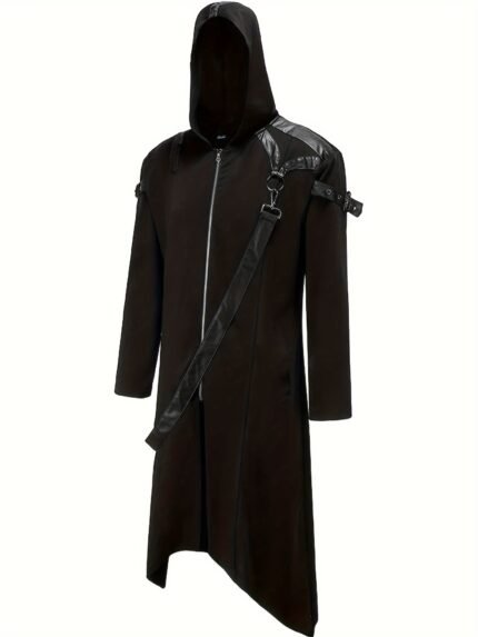 Men Halloween Gothic Costume Front Zipper Long Sleeves Strappy Hoodie Jacket for Cosplay Role-Playing Party Outfits