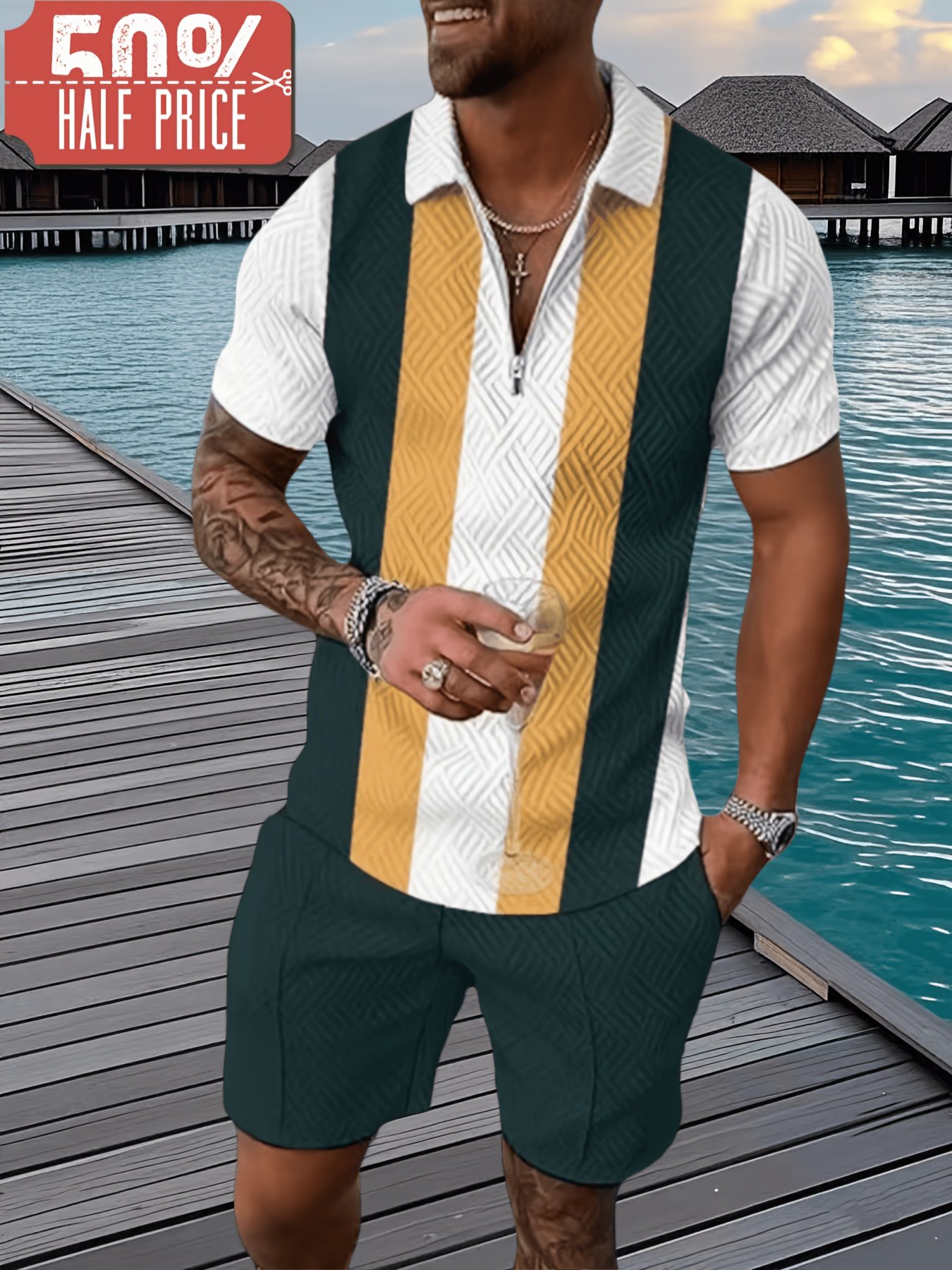 f22448b2-6931-4c1f-a582-713354823e78.jpg 2pcs Set, New European And American Men'S Fashion Geometric Pattern V-Neck Polo Shirt Shorts Set, Men'S Breathable And Skin-Friendly, Short-Sleeved Polo Slacks Set - Image 1