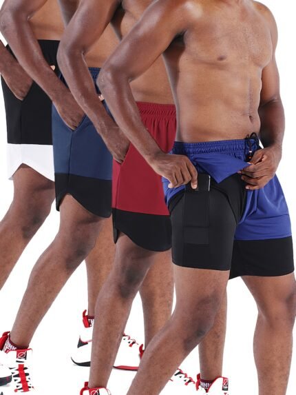 4pcs Men'S 2-in-1 Workout Shorts with Pockets - Quick-Dry Moisture-Wicking Breathable Elastic Waistband for Gym Running Hiking Cycling Yoga Outdoor Training, Multi-Color (Blue/Red/Black/White), Gym Shorts, Sports Activewear, Sporty Design, Comfortable Fit