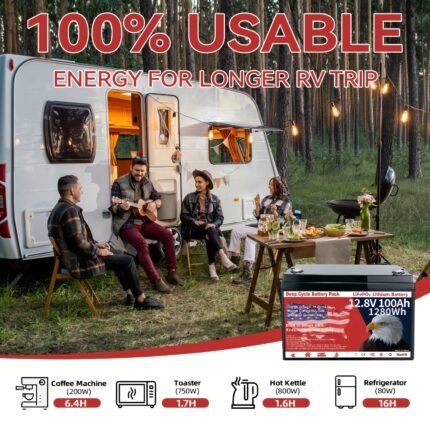 1x Durable 12.8V 100Ah Group 31 LiFePO4 Lithium Battery with Built-in 100A BMS - 1280Wh, Grade A Deep Cycle, Supports Series/Parallel Connection for Solar Home Systems, RVs, Marine Applications, Trolling Motors & Off-Grid Life - Long-Lasting Performance, Black