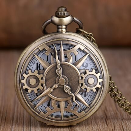Antique Steampunk Bronze Hollow Gear Movement Quartz Pocket Watch Pendant Gift With Chain Boys Men