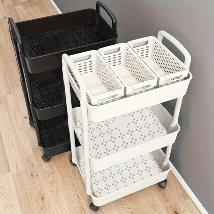 3-Tier Durable Plastic Rolling Storage Cart with Wheels - Easy to Move, Black & White Organizer for Kitchen, Bathroom, Bedroom - Compact Design with Handles for Versatile Use