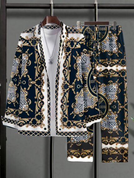 Men'S Plus Size Casual Shirt and Pants Set - Navy Blue with Golden Geometric Pattern, Short Sleeve, Button-Up, Polyester, Regular Fit, Casual Attire|Geometric Pattern Shirt|Polyester Fabric, PLUS SIZE