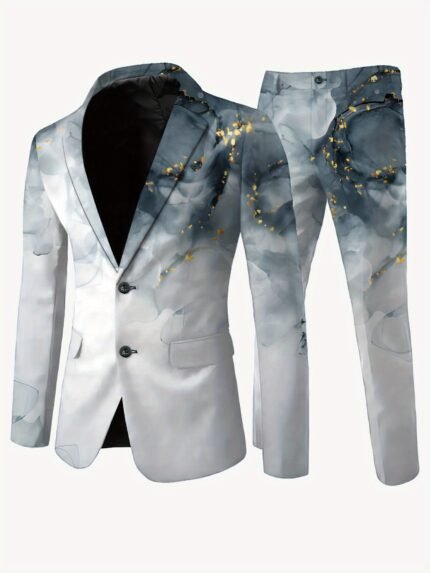 Men'S Stylish Dopamine Print Blazer & Pants Set - Casual Long Sleeve, Lapel Collar, Pockets, All-Season Wear, Casual Attire|Modern Casualwear|Polyester Blazer
