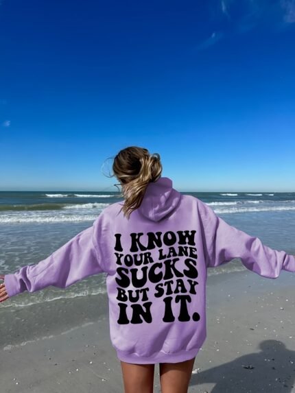 Casual Alphabet Print Hoodie for Men and Women - 100% Polyester Knit Fabric with Hood, Front Pocket Detail, Long Sleeve - Comfortable Stretch Pullover for All Seasons - Trendy "Stay In Your Lane" Lettering Design