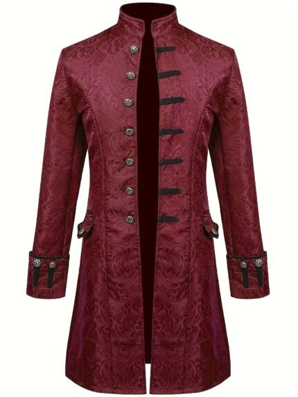 Men'S Vintage Steampunk Tailcoat with Floral Pattern - Red Medieval-Style Stand Collar Coat, Long Sleeves, and Decorative Buttons for Formal or Costume Parties, Costume Party Attire | Floral Pattern Coat | Detailed Button Design