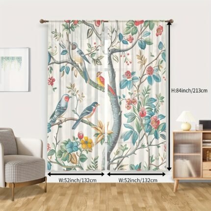 2pcs Vintage Floral & Bird Print Sheer Curtains - Rod Pocket Design, Semi-Transparent Polyester Fabric, Perfect for Living Room, Bedroom, Dining Area, Office, and Home Decor, Curtains for Living Room