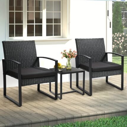 Rattan 3pcs Bistro Set, Outdoor Patio Furniture Conversation Set With 2 Chairs And 1 Safety Glass Top Table, Overstuffed Cushions, Wicker Porch Set, Ideal For Backyard