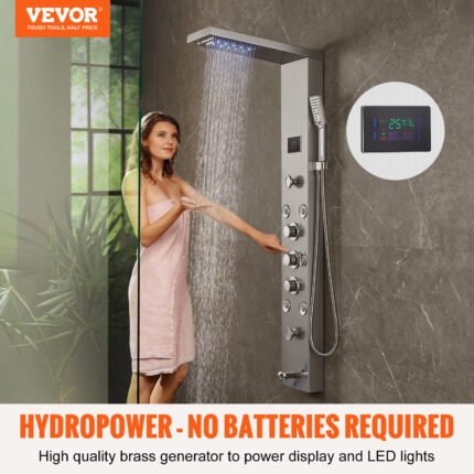 VEVOR Shower Panel, 6 Shower Modes, LED & Screen Hydroelectricity Shower Tower Panel System, Rainfall, Waterfall, 8 Massage Jets, Tub Spout, Handheld Shower, Stainless Steel Wall-Mounted Shower Set