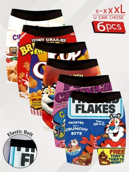 6pcs Men'S Novelty Extended Boxer Briefs - Breathable, Quick-Dry, Stretchy Elastic Underwear with Vibrant Cartoon & Food Print Designs - Perfect for Sports, Beach, Pool, and Casual Wear - Unique Birthday Gift Idea, Boxer Shorts, Sports Underwear, Playful Print Underwear, Comfortable Fit