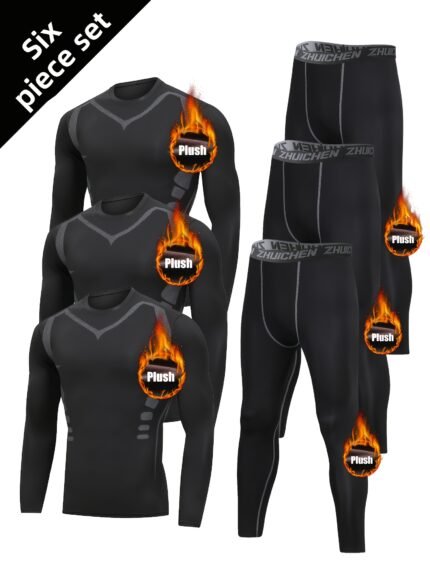 Men's 6pcs Thermal Underwear Sports Set - High-Elasticity Full-Zip Gym Suit with Pockets, Tight-Fit Winter Running & Training Outfit, Black/White/Gray Color Options, Morning & Night Workouts, Autumn/Winter Season (Hand Wash/Dry Clean) - Stylish Athletic Wear, Cold Weather Workout, High Elasticity Fabric, Moisturewicking Material, Breathable Fabric, Workout Outfit, Fitness Enthusiasts