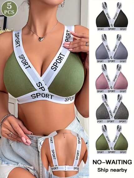5pcs Women's Wire-Free Sports Bras - Full Coverage Non-Padded Comfort Fit, Soft Ribbed Cups & Contrast Strap Design in Grey/Black/Navy/White/Beige - Gym, Everyday & Formal Bras for Women - Ideal for Athletic Activities & Casual Wear - Elegant & Sporty Style, Hand Washable, No Padding, Moderate Support, Suitable for Adults, Available in 5 Colors (Grey, Black, Navy, etc), Push Up Sports Bras for Women, Under Wire Bras for Women Push Up Heavy Padding, Bra with Removable Straps,