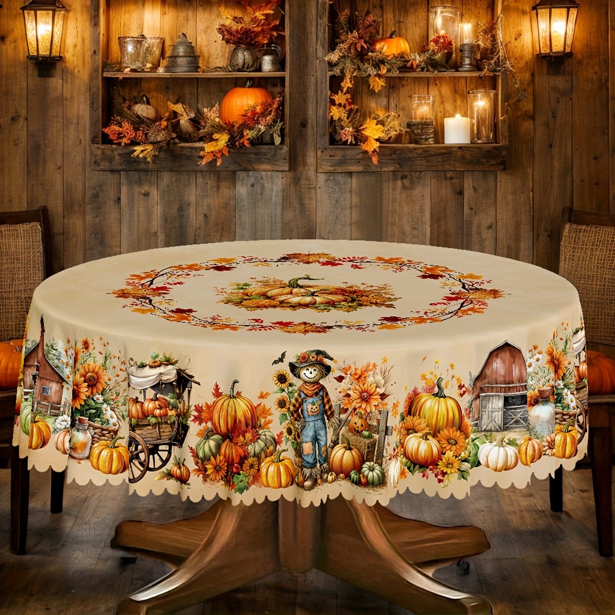 f468a399-0e86-4e56-8e6c-203beef9ee1f.jpg 1pc, Polyester Tablecloth, Autumn Thanksgiving Theme Party Tablecloth, Autumn Harvest Pumpkin Scarecrow Sunflower Maple Leaf Flower Country Farmhouse Style Pattern Tablecloth, with Embossed Edge, Suitable for Picnic Dinner Kitchen Restaurant Decoration - Image 1