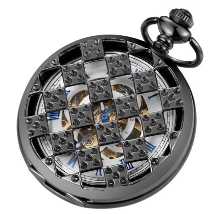 Hollow Dsign Mechanical Hand Wind Pocket Watch Roman Numerals Scale Steampunk with Chain Box