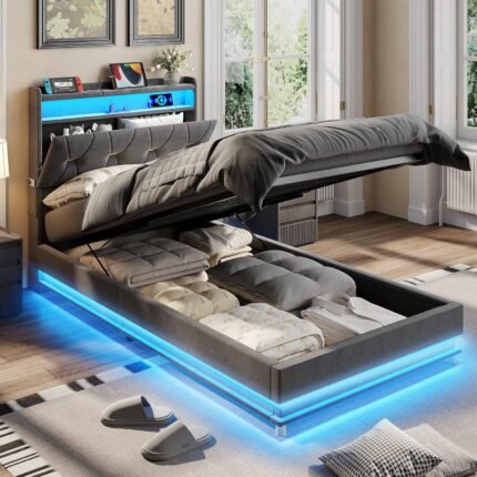 Fameill Twin Size Upholstered Platform Bed Frame with Storage Headboard Lift-Up Base - Built-in USB Charging Station, LED Lighting, Noise-Free Design, Dark Grey, No Box Spring Needed