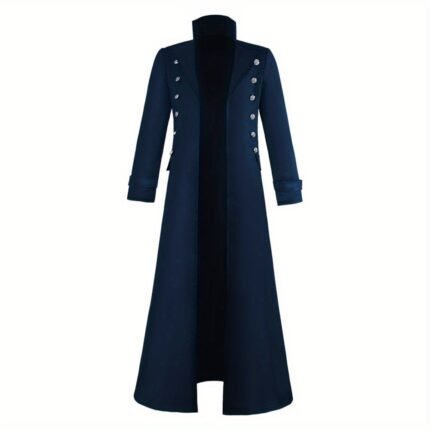 Men's Steampunk Gothic Victorian Long Trench Coat - Full-Length Medieval Jacket with Golden-Toned Buttons, Collar & Cuff Trim - Heavy-Duty Costume Coat for Cosplay, Victorian Events, Renaissance Fairs - Available in Brown, Navy, Red, Black - Ideal for Stage Performances & Casual Attire - Includes Matching Belt Loop & Buckle - Stylish & Functional Fashionable Design, Medieval Costume