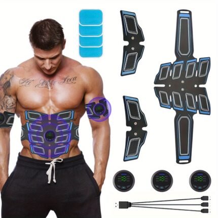 EMS abdominal muscle stimulator, 1 abdominal belt+2 arms+3 host+gel film, muscle auxiliary stimulator, suitable for arm/ abdomen/ thigh, USB charging massager, EMS electronic massage, multi-functional muscle stimulator, 6 modes and 18 strength